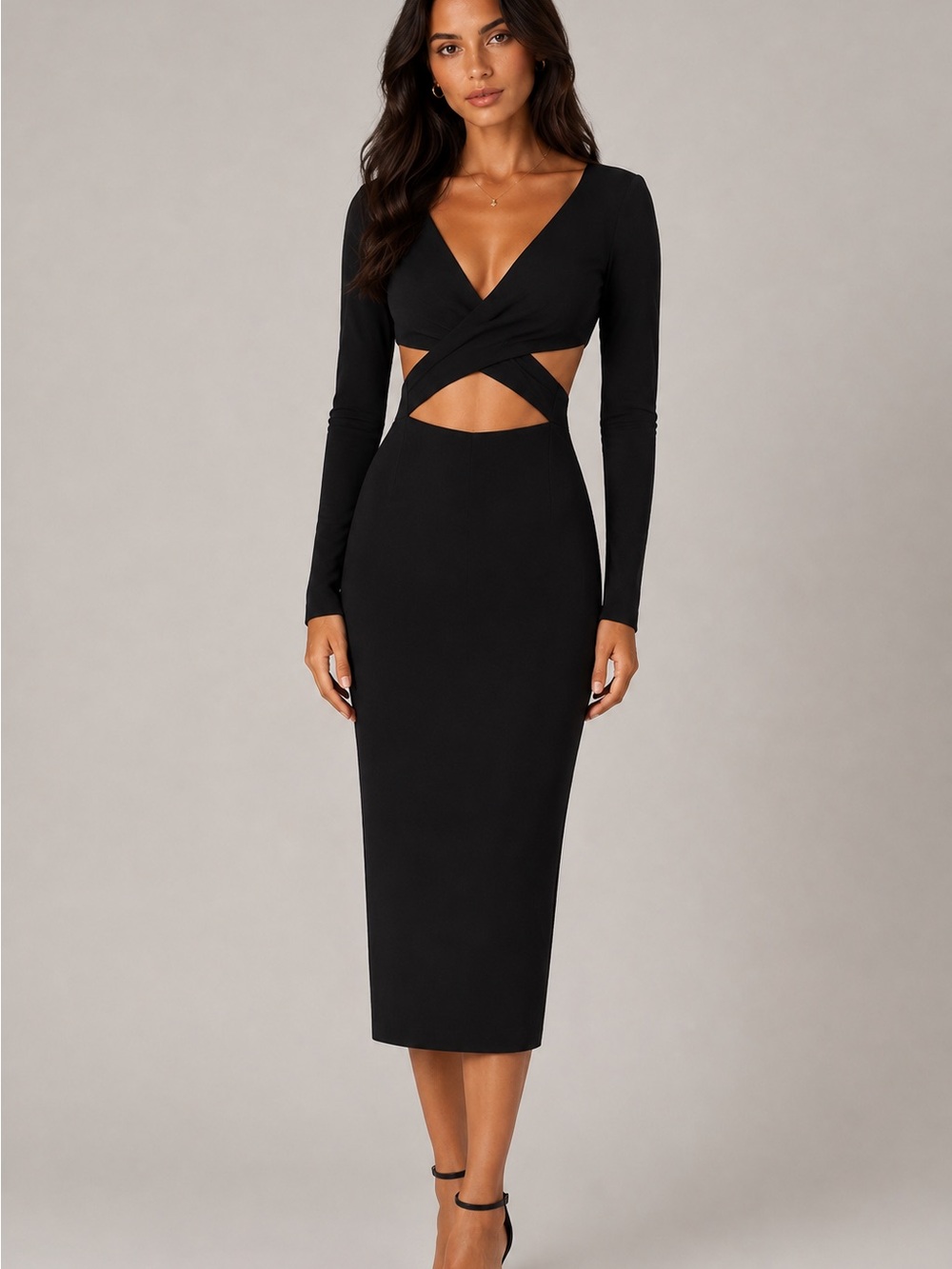 Nookie Revolve Black Long-Sleeve Cutout‎ Midi Dress